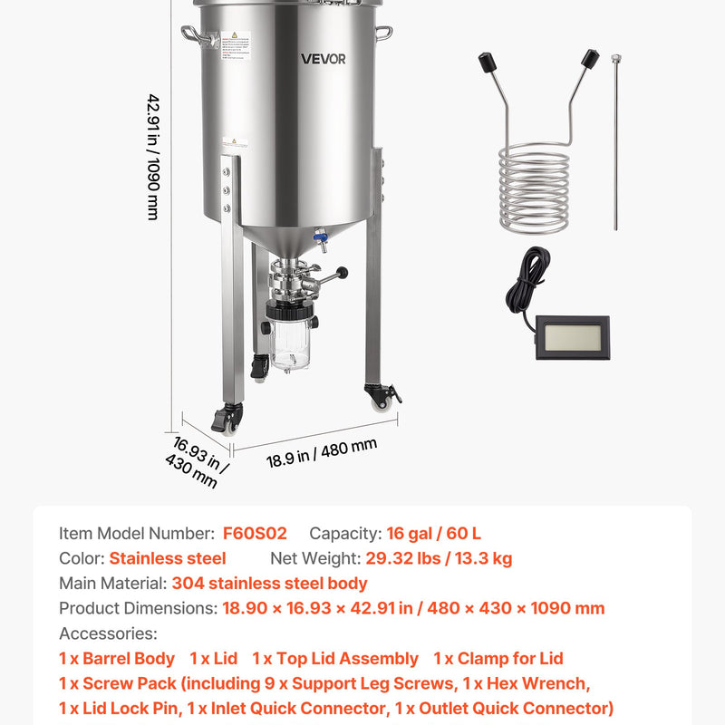 VEVOR nerūsējošā tērauda konusveida fermentācijas tvertne, 60 l mājas alus darīšanas fermentators ar konusveida apakšu, 3 ritentiņiem, vāku, rokturi un termometru vīna un alus fermentācijai