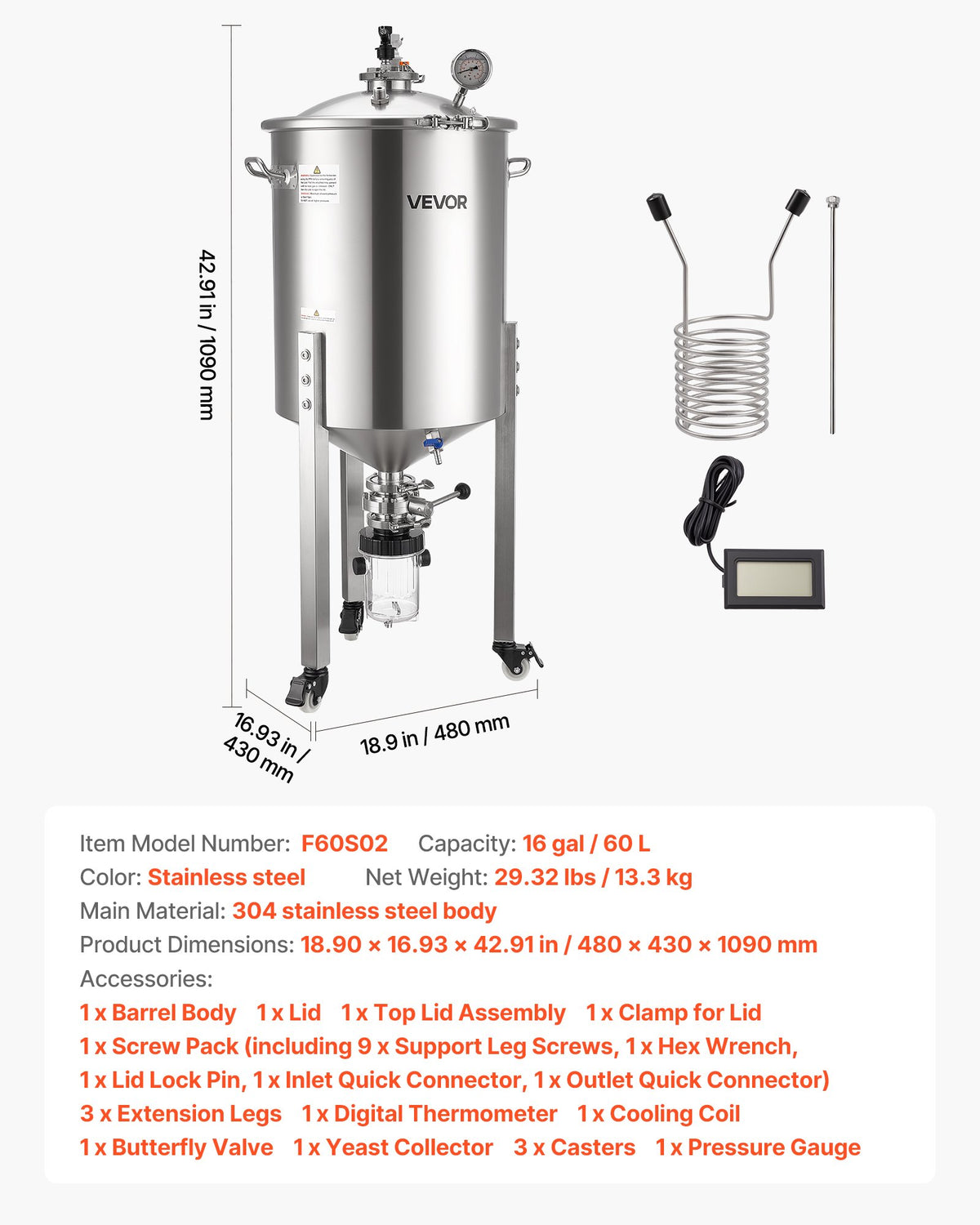VEVOR koniskais fermentators 60 l ar 3 ritentiņiem, vāku, rokturi un termometru, nerūsējošā tērauda