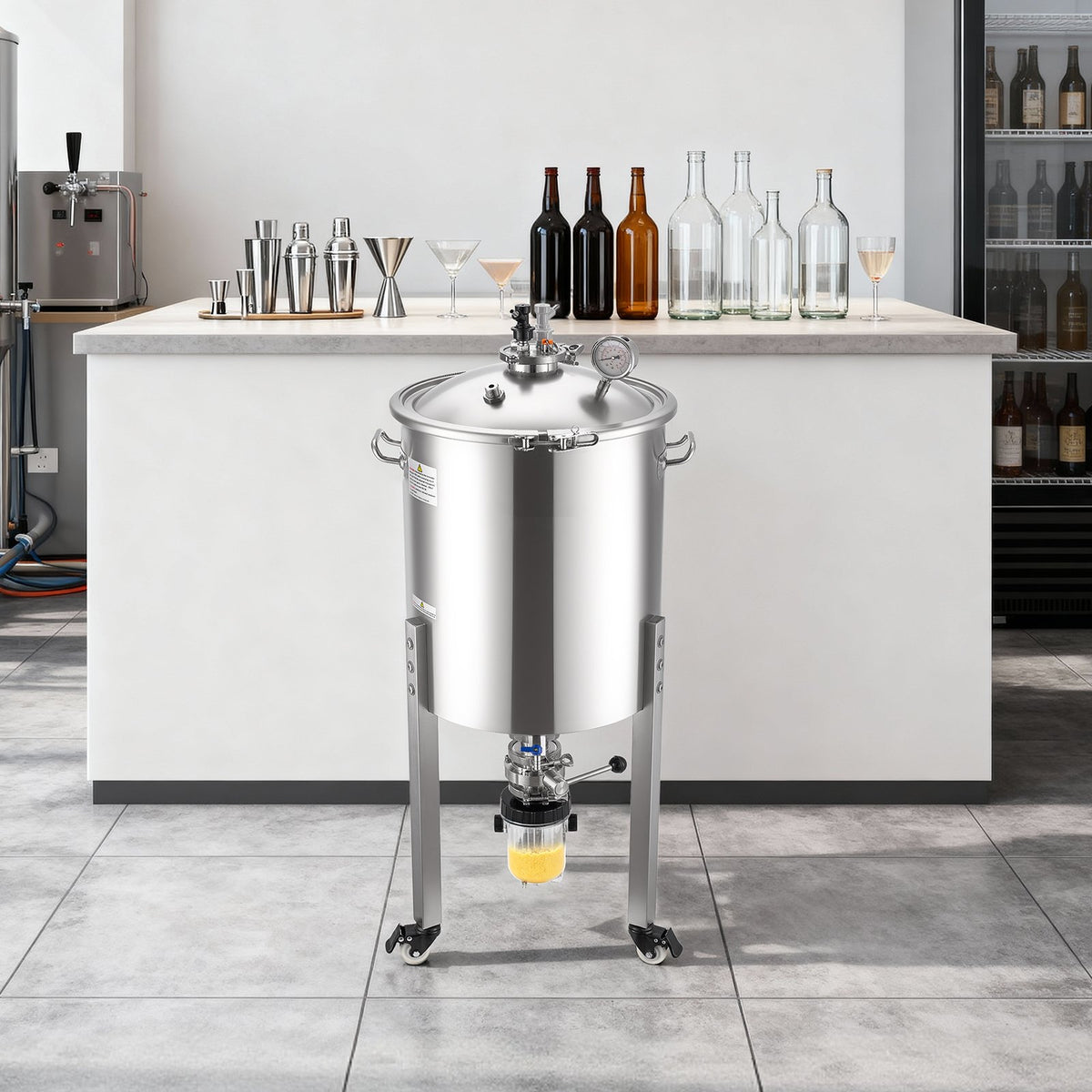VEVOR koniskais fermentators 60 l ar 3 ritentiņiem, vāku, rokturi un termometru, nerūsējošā tērauda