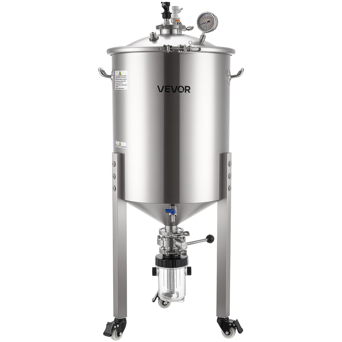 VEVOR koniskais fermentators 60 l ar 3 ritentiņiem, vāku, rokturi un termometru, nerūsējošā tērauda
