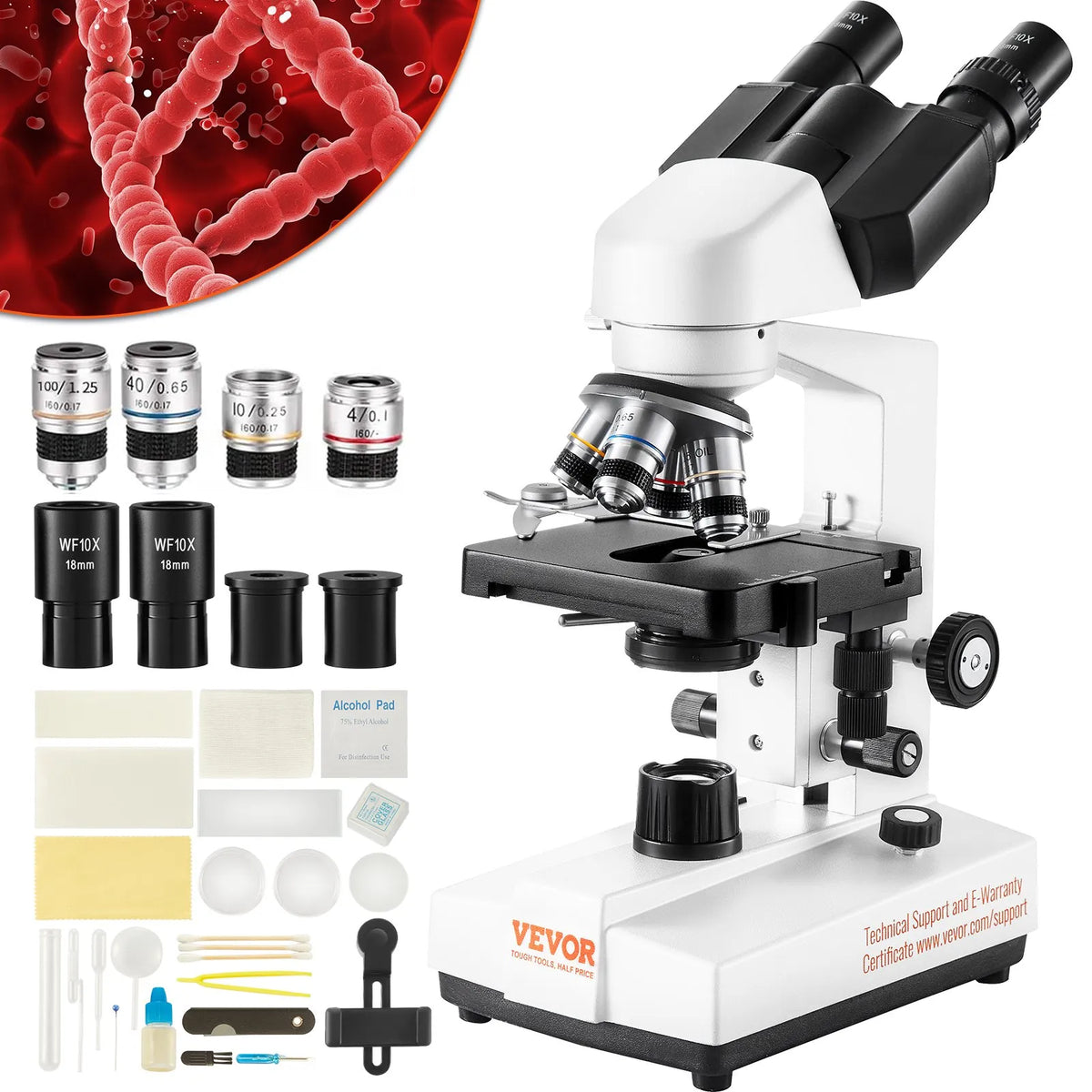 VEVOR Binocular Laboratory Microscope with LED Illumination, 40–2500× Magnification, Dual-Layer Mechanical Stage, Includes Phone Holder and Microscope Slides
