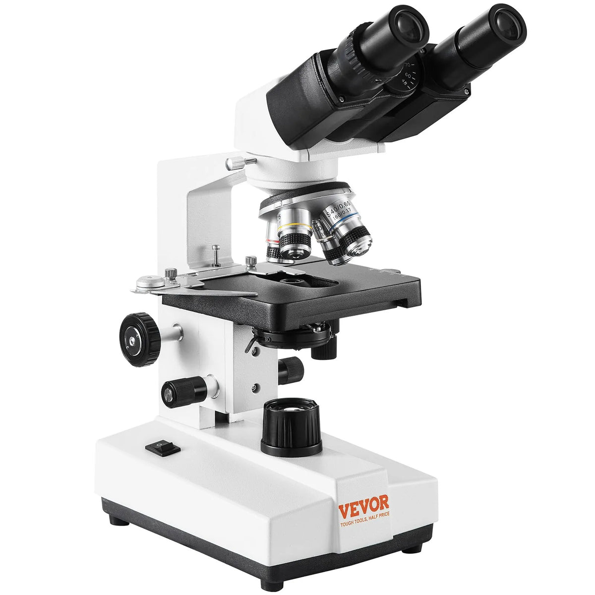 VEVOR Binocular Laboratory Microscope with LED Illumination, 40–2500× Magnification, Dual-Layer Mechanical Stage, Includes Phone Holder and Microscope Slides