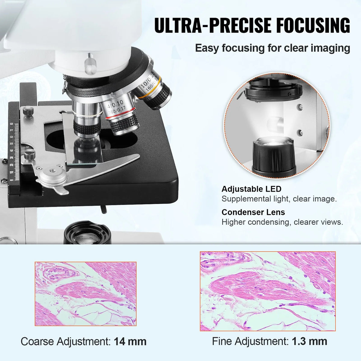 VEVOR Binocular Laboratory Microscope with LED Illumination, 40–2500× Magnification, Dual-Layer Mechanical Stage, Includes Phone Holder and Microscope Slides