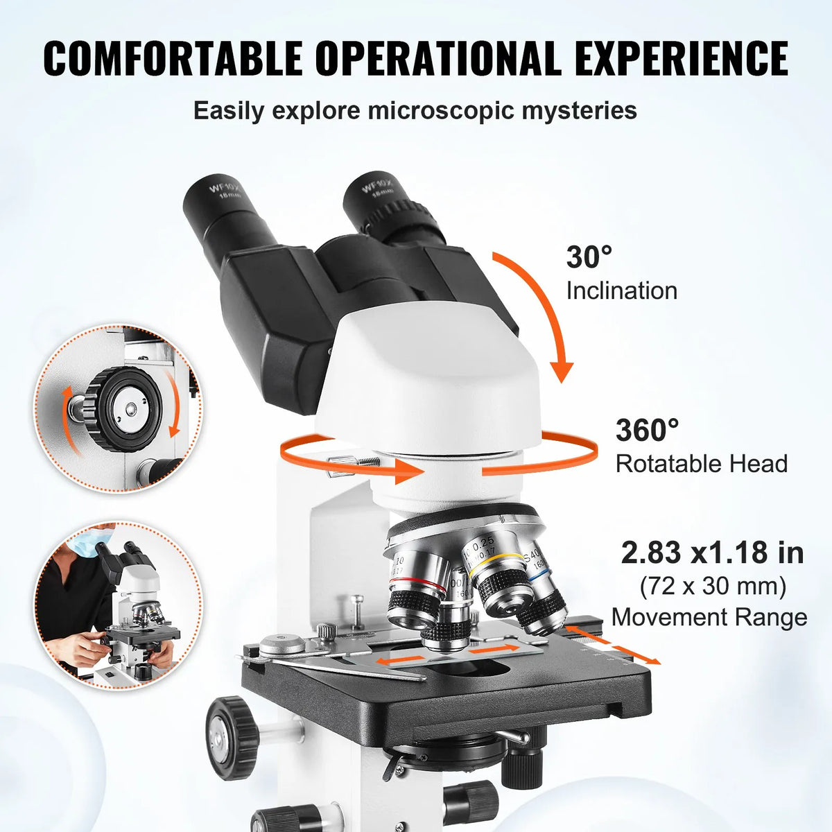 VEVOR Binocular Laboratory Microscope with LED Illumination, 40–2500× Magnification, Dual-Layer Mechanical Stage, Includes Phone Holder and Microscope Slides