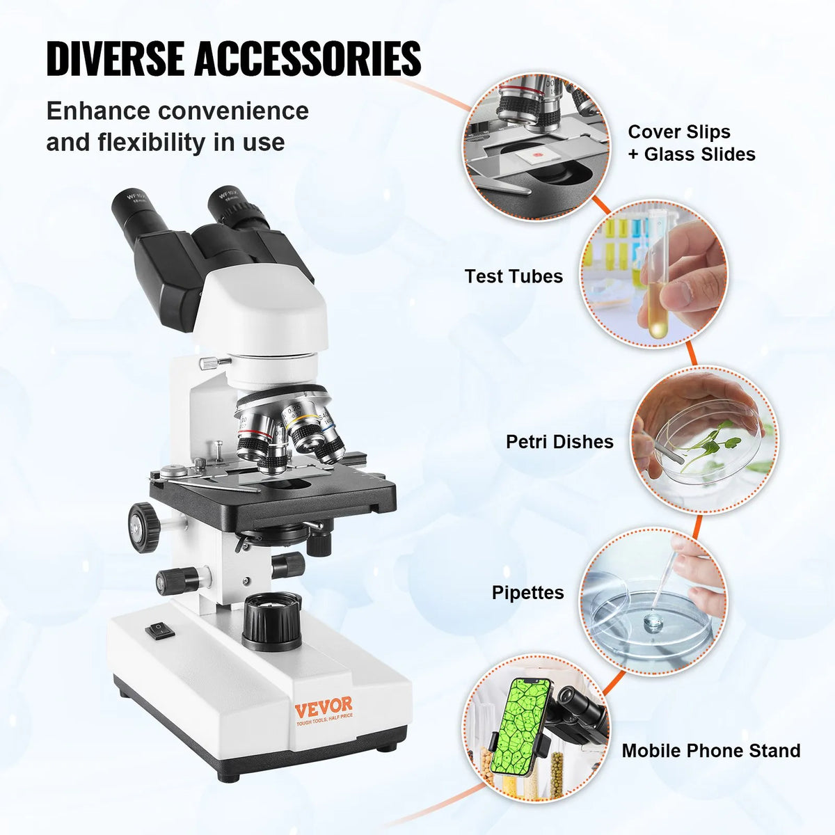 VEVOR Binocular Laboratory Microscope with LED Illumination, 40–2500× Magnification, Dual-Layer Mechanical Stage, Includes Phone Holder and Microscope Slides
