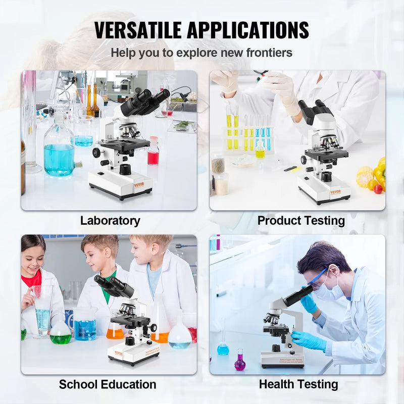VEVOR binokulārais laboratorijas mikroskops ar LED apgaismojumu, 40-2500× palielinājums, divslāņu mehāniskais paraugu galds, komplektā tālruņa turētājs un mikroskopa priekšmetstikliņi