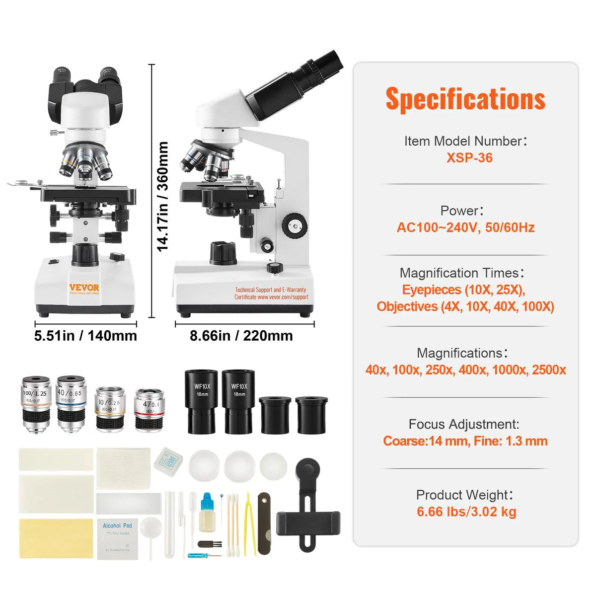 VEVOR Binocular Laboratory Microscope with LED Illumination, 40–2500× Magnification, Dual-Layer Mechanical Stage, Includes Phone Holder and Microscope Slides