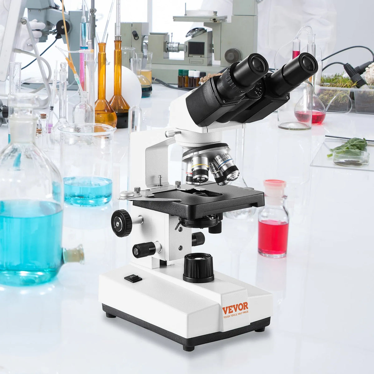 VEVOR Binocular Laboratory Microscope with LED Illumination, 40–2500× Magnification, Dual-Layer Mechanical Stage, Includes Phone Holder and Microscope Slides