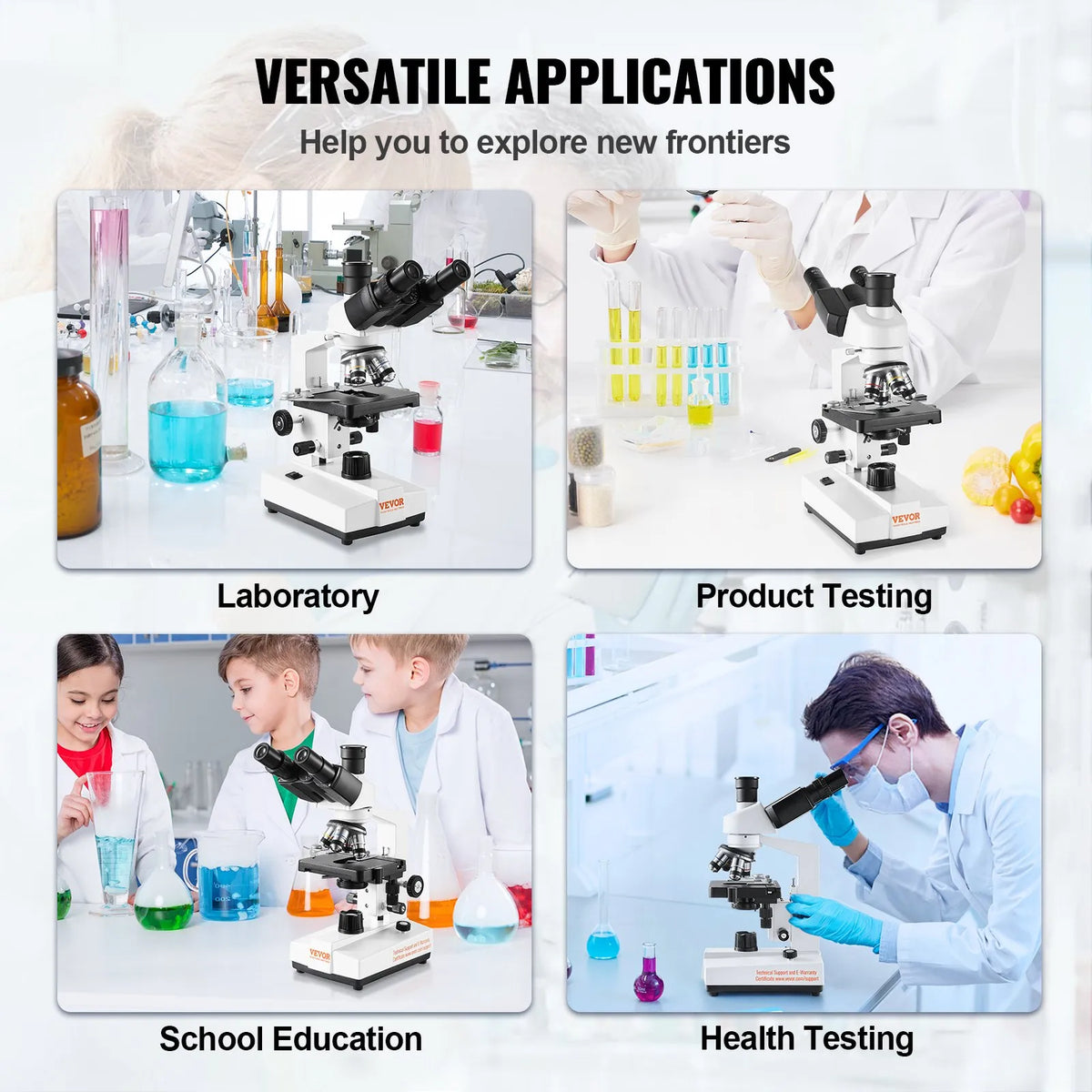 VEVOR trīnokulārais laboratorijas mikroskops ar LED apgaismojumu un ārējo interfeisu, palielinājums 40-2500×