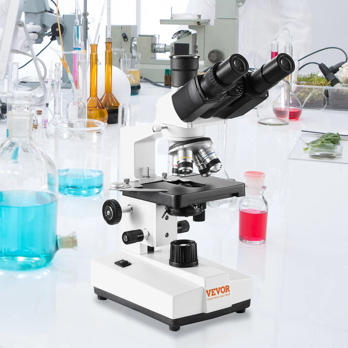 VEVOR trīnokulārais laboratorijas mikroskops ar LED apgaismojumu un ārējo interfeisu, palielinājums 40-2500×