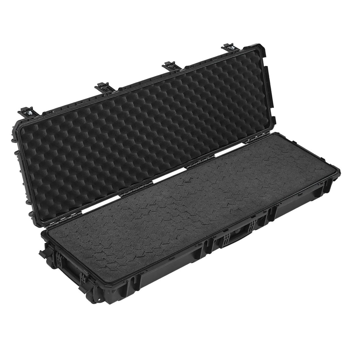 VEVOR cietais ieroču koferis ar slēdzeni un noņemamām XPE putām, 134,1 cm, ar riteņiem, IP67 ūdensizturīgs un putekļu necaurlaidīgs koferis šautenēm, bisiem un airsoft ieročiem, melns - ZEMLETES.LV