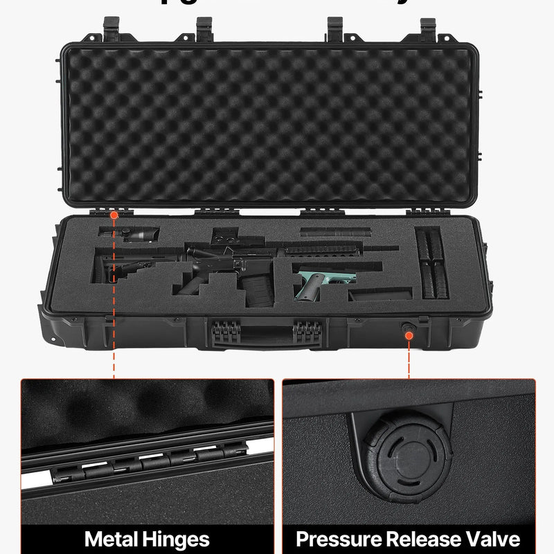 VEVOR Cietais šautenes futrālis ar slēdzeni un 4 slāņu iepriekš izgrieztu putu ieliktni, 97,8 cm ieroču futrālis ar riteņiem, IP67 ūdens un putekļu izturīgs, piemērots šautenēm, bisei un airsoft ieročiem, melnā krāsā - ZEMLETES.LV