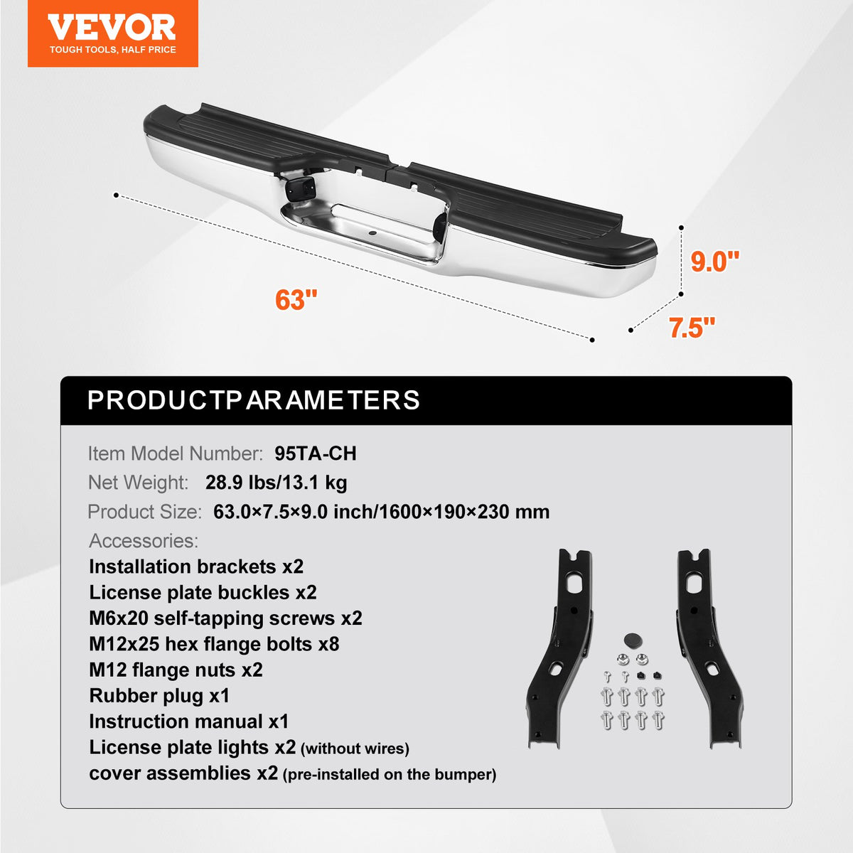 VEVOR Rear Step Bumper, Chrome Steel Bumper for Toyota Tacoma 1995-2004