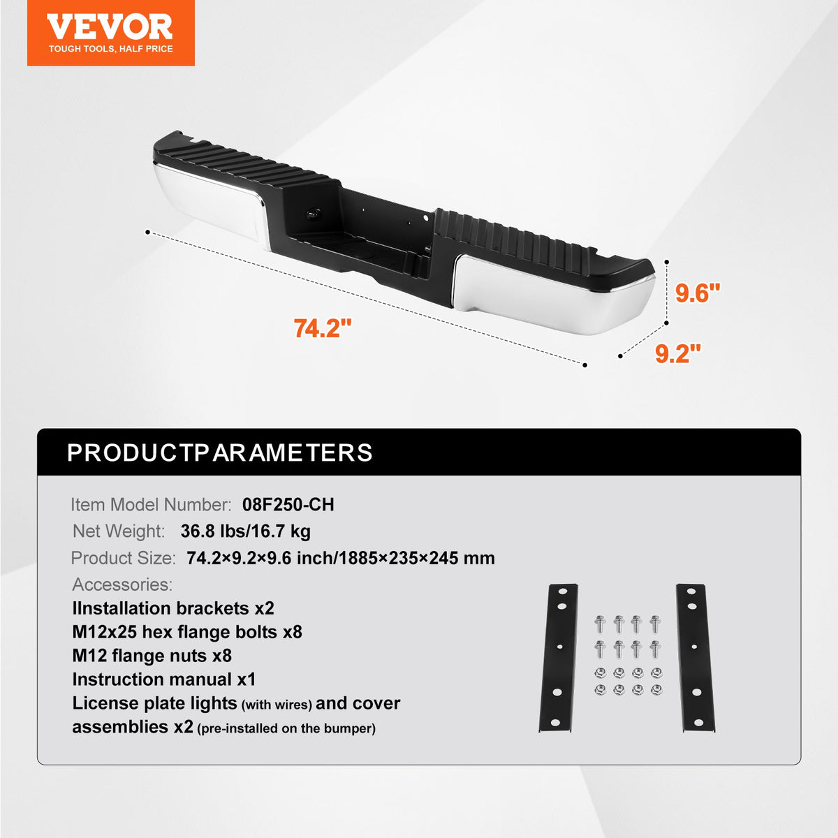 VEVOR Aizmugurējais tērauda bamperis 2008-2016 Ford F250/Ford F350 Super Duty
