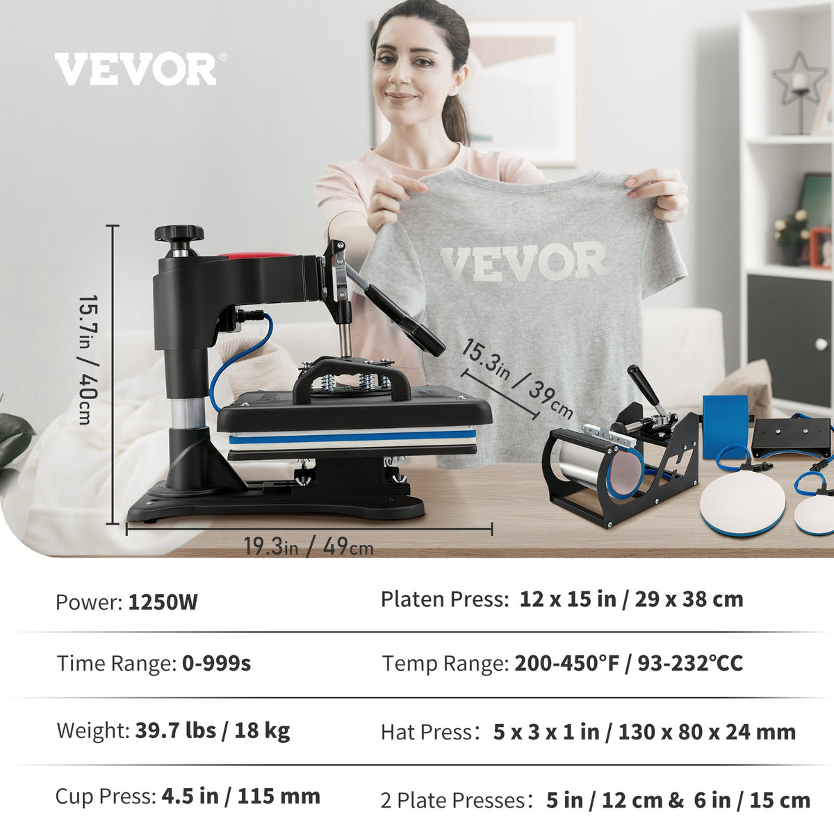 VEVOR kuumpress 30 × 38 cm 5-in-1, 1250 W, T-särkidele, taldrikutele, kruusidele ja tassidele