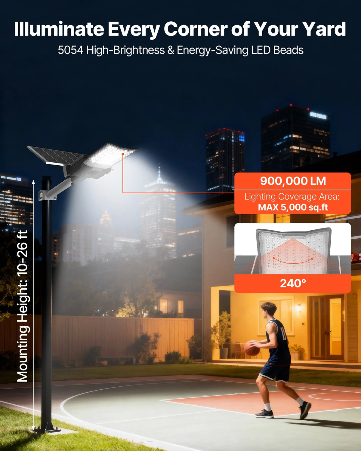 VEVOR 12 000 W Solar Street Light for Outdoor, 900 000 lm High-Power LED Floodlight for Car Parks with Dusk-to-Dawn Mode, Split-Type Security Lighting with RF Remote Control, IP65, for Driveway and Yard
