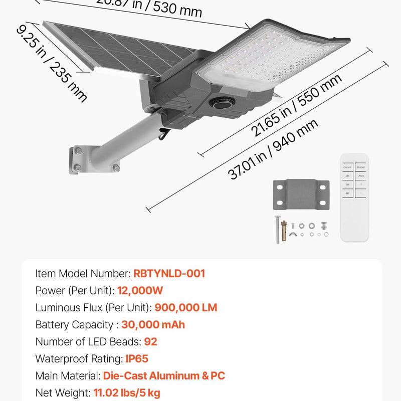 VEVOR 12 000 W saules ielas lampa āra apstākļiem, 900 000 lm, augstas jaudas LED prožektors autostāvvietām ar krēslas–rītausmas režīmu, dalītā tipa drošības apgaismojums ar RF tālvadību, IP65, piebraucamajam ceļam un pagalmam
