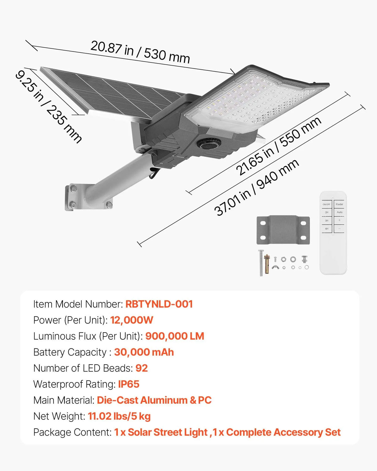 VEVOR 12 000 W Solar Street Light for Outdoor, 900 000 lm High-Power LED Floodlight for Car Parks with Dusk-to-Dawn Mode, Split-Type Security Lighting with RF Remote Control, IP65, for Driveway and Yard