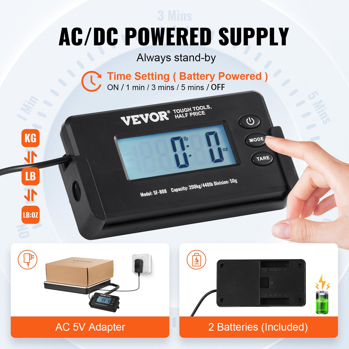 VEVOR Digital Postal Scale, 200 kg Capacity with 50 g Accuracy, AC/DC, LCD Display