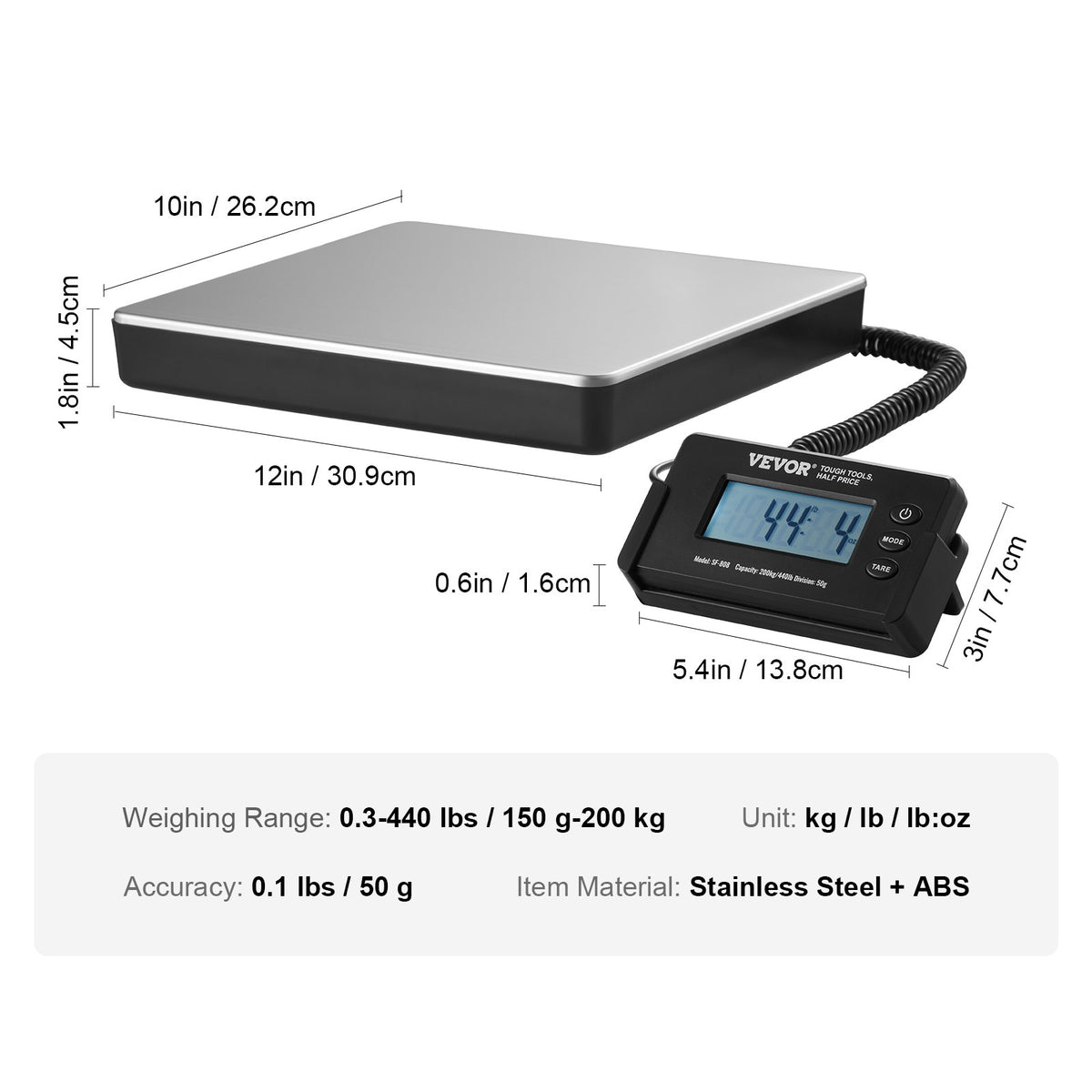 VEVOR Digital Postal Scale, 200 kg Capacity with 50 g Accuracy, AC/DC, LCD Display