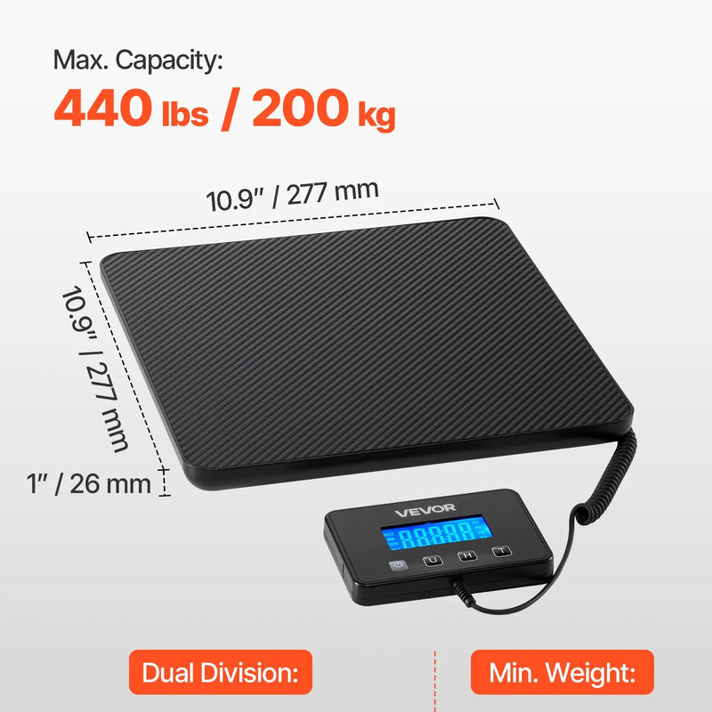 VEVOR digitālie pasta svari ar 10 g / 100 g dubulto precizitāti, 200 kg komerciālie svari ar turēšanas (Hold) / taras (Tare) funkciju un LCD displeju, paredzēti sūtījumiem, pasta nosūtījumiem un bagāžai, komplektā baterija un uzlādes kabelis
