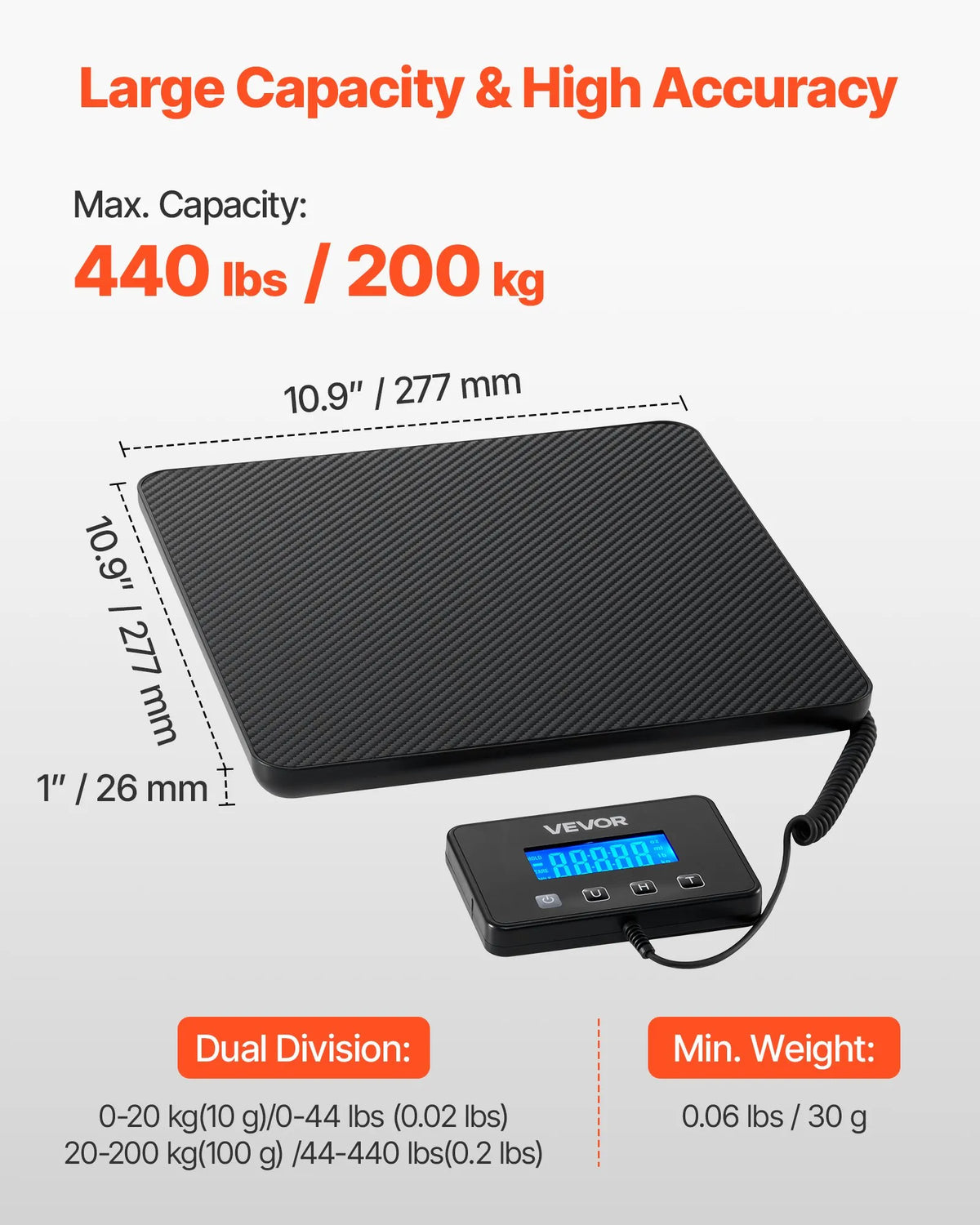 VEVOR digitālie pasta svari ar 10 g / 100 g dubulto precizitāti, 200 kg komerciālie svari ar turēšanas (Hold) / taras (Tare) funkciju un LCD displeju, paredzēti sūtījumiem, pasta nosūtījumiem un bagāžai, komplektā baterija un uzlādes kabelis
