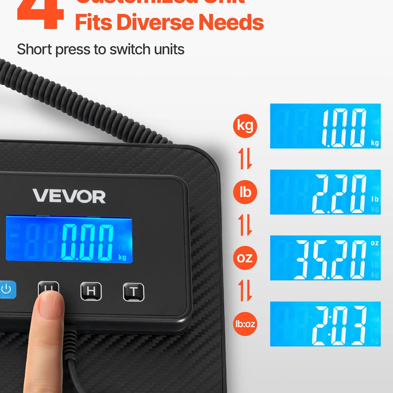 VEVOR digitālie pasta svari ar 10 g / 100 g dubulto precizitāti, 200 kg komerciālie svari ar turēšanas (Hold) / taras (Tare) funkciju un LCD displeju, paredzēti sūtījumiem, pasta nosūtījumiem un bagāžai, komplektā baterija un uzlādes kabelis