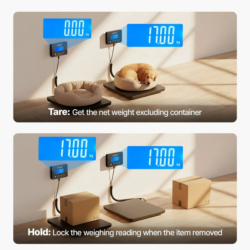 VEVOR digitālie pasta svari ar 10 g / 100 g dubulto precizitāti, 200 kg komerciālie svari ar turēšanas (Hold) / taras (Tare) funkciju un LCD displeju, paredzēti sūtījumiem, pasta nosūtījumiem un bagāžai, komplektā baterija un uzlādes kabelis