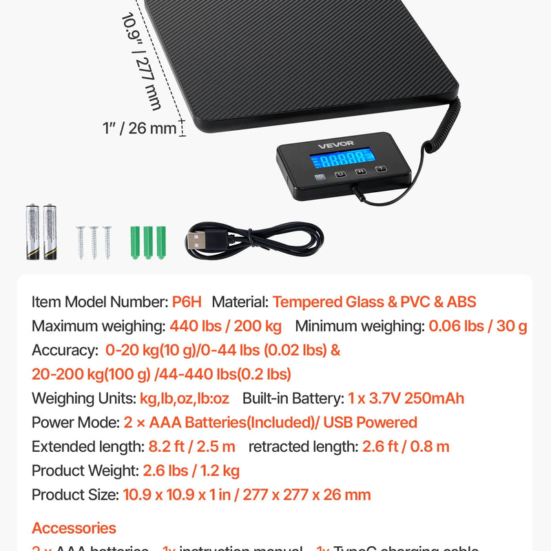 VEVOR digitālie pasta svari ar 10 g / 100 g dubulto precizitāti, 200 kg komerciālie svari ar turēšanas (Hold) / taras (Tare) funkciju un LCD displeju, paredzēti sūtījumiem, pasta nosūtījumiem un bagāžai, komplektā baterija un uzlādes kabelis
