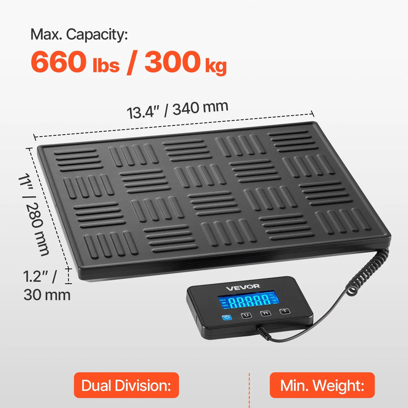 VEVOR digitālā pasta svari, dubultā precizitāte 20 g / 100 g, komerciālie svari līdz 300 kg ar Hold/Tare funkciju un LCD displeju, piemēroti sūtījumiem, pasta pakām un bagāžai, iekļauta baterija un uzlādes kabelis