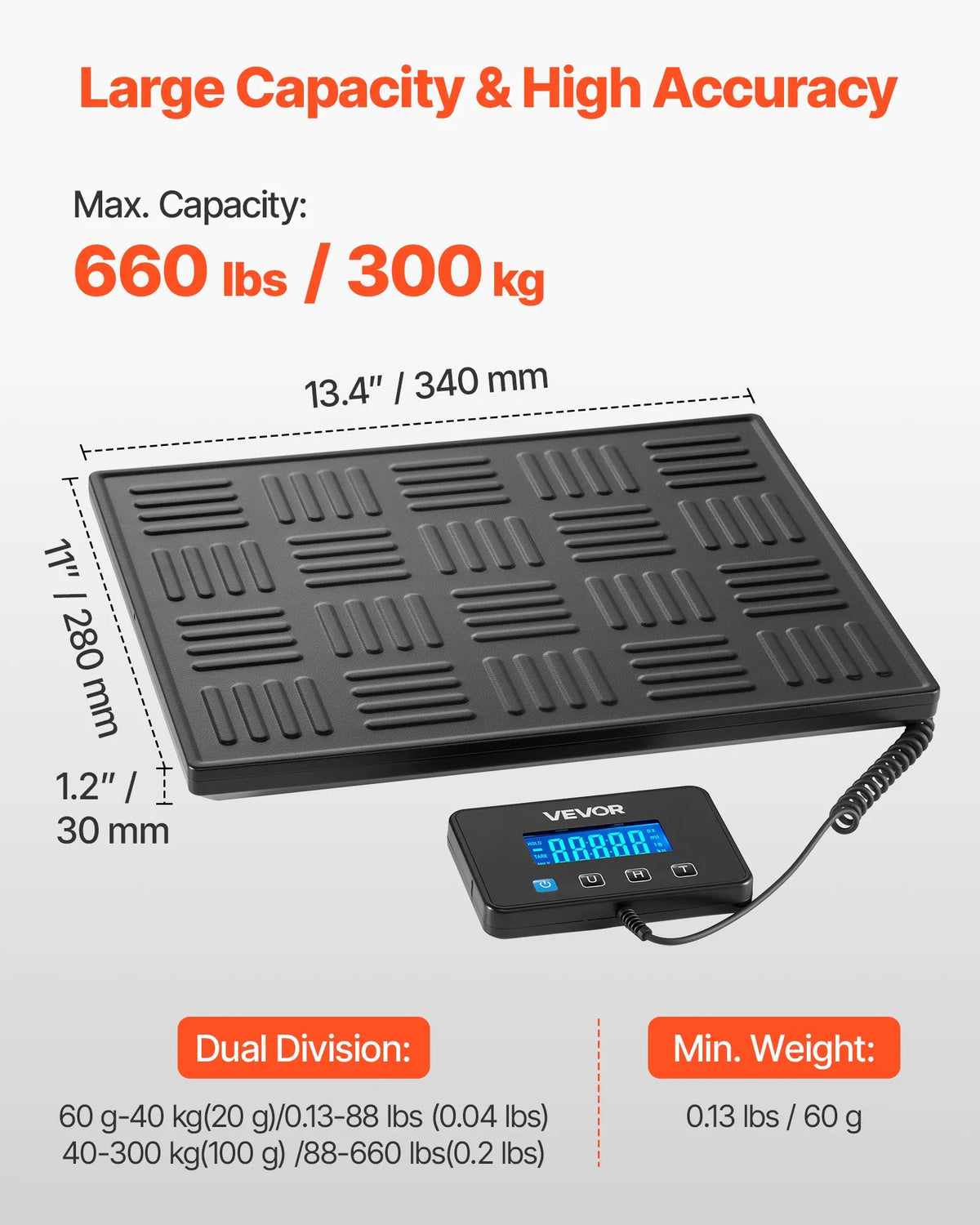 VEVOR digitālā pasta svari, dubultā precizitāte 20 g / 100 g, komerciālie svari līdz 300 kg ar Hold/Tare funkciju un LCD displeju, piemēroti sūtījumiem, pasta pakām un bagāžai, iekļauta baterija un uzlādes kabelis