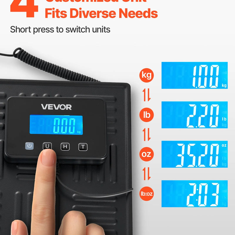 VEVOR digitālā pasta svari, dubultā precizitāte 20 g / 100 g, komerciālie svari līdz 300 kg ar Hold/Tare funkciju un LCD displeju, piemēroti sūtījumiem, pasta pakām un bagāžai, iekļauta baterija un uzlādes kabelis