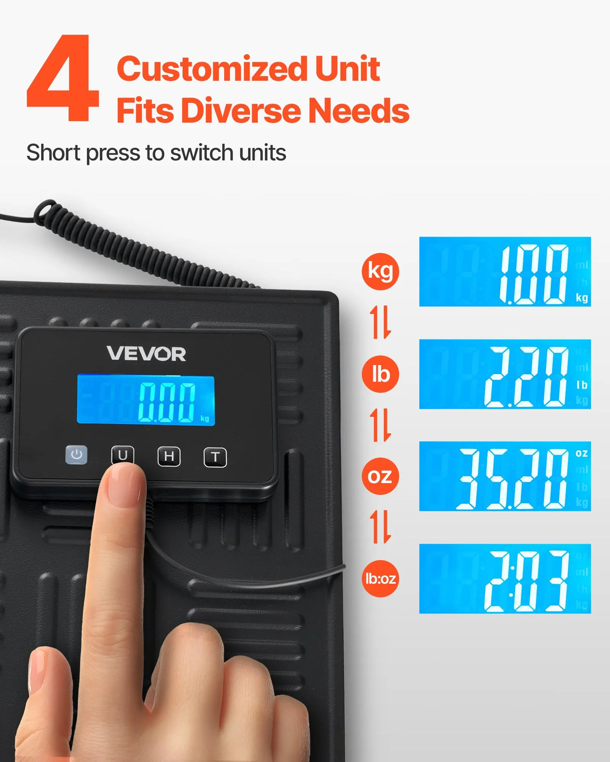 VEVOR digitālā pasta svari, dubultā precizitāte 20 g / 100 g, komerciālie svari līdz 300 kg ar Hold/Tare funkciju un LCD displeju, piemēroti sūtījumiem, pasta pakām un bagāžai, iekļauta baterija un uzlādes kabelis