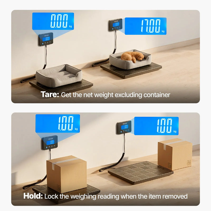 VEVOR digitālā pasta svari, dubultā precizitāte 20 g / 100 g, komerciālie svari līdz 300 kg ar Hold/Tare funkciju un LCD displeju, piemēroti sūtījumiem, pasta pakām un bagāžai, iekļauta baterija un uzlādes kabelis