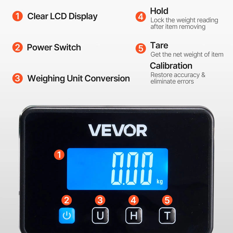 VEVOR digitālā pasta svari, dubultā precizitāte 20 g / 100 g, komerciālie svari līdz 300 kg ar Hold/Tare funkciju un LCD displeju, piemēroti sūtījumiem, pasta pakām un bagāžai, iekļauta baterija un uzlādes kabelis