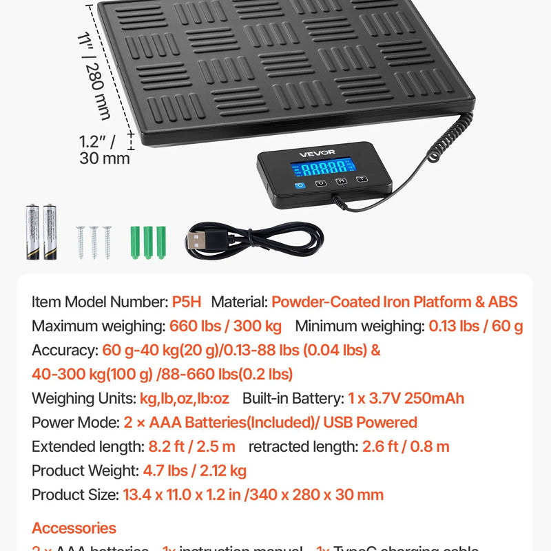 VEVOR digitālā pasta svari, dubultā precizitāte 20 g / 100 g, komerciālie svari līdz 300 kg ar Hold/Tare funkciju un LCD displeju, piemēroti sūtījumiem, pasta pakām un bagāžai, iekļauta baterija un uzlādes kabelis