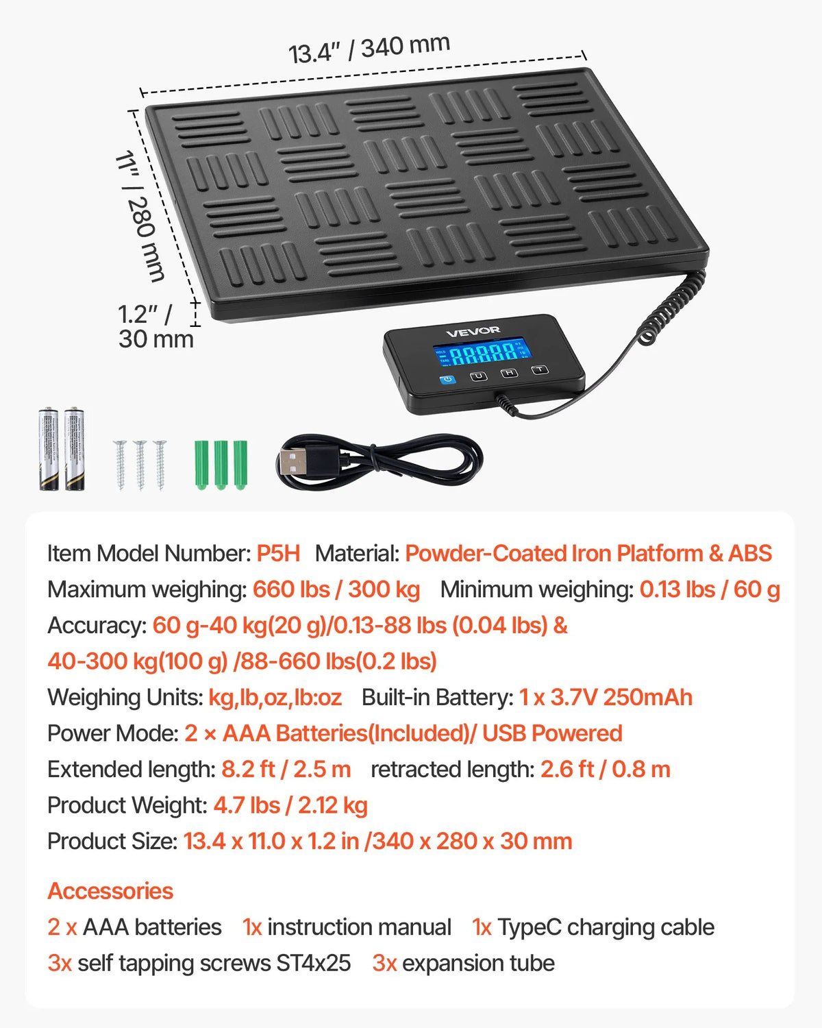 VEVOR digitālā pasta svari, dubultā precizitāte 20 g / 100 g, komerciālie svari līdz 300 kg ar Hold/Tare funkciju un LCD displeju, piemēroti sūtījumiem, pasta pakām un bagāžai, iekļauta baterija un uzlādes kabelis
