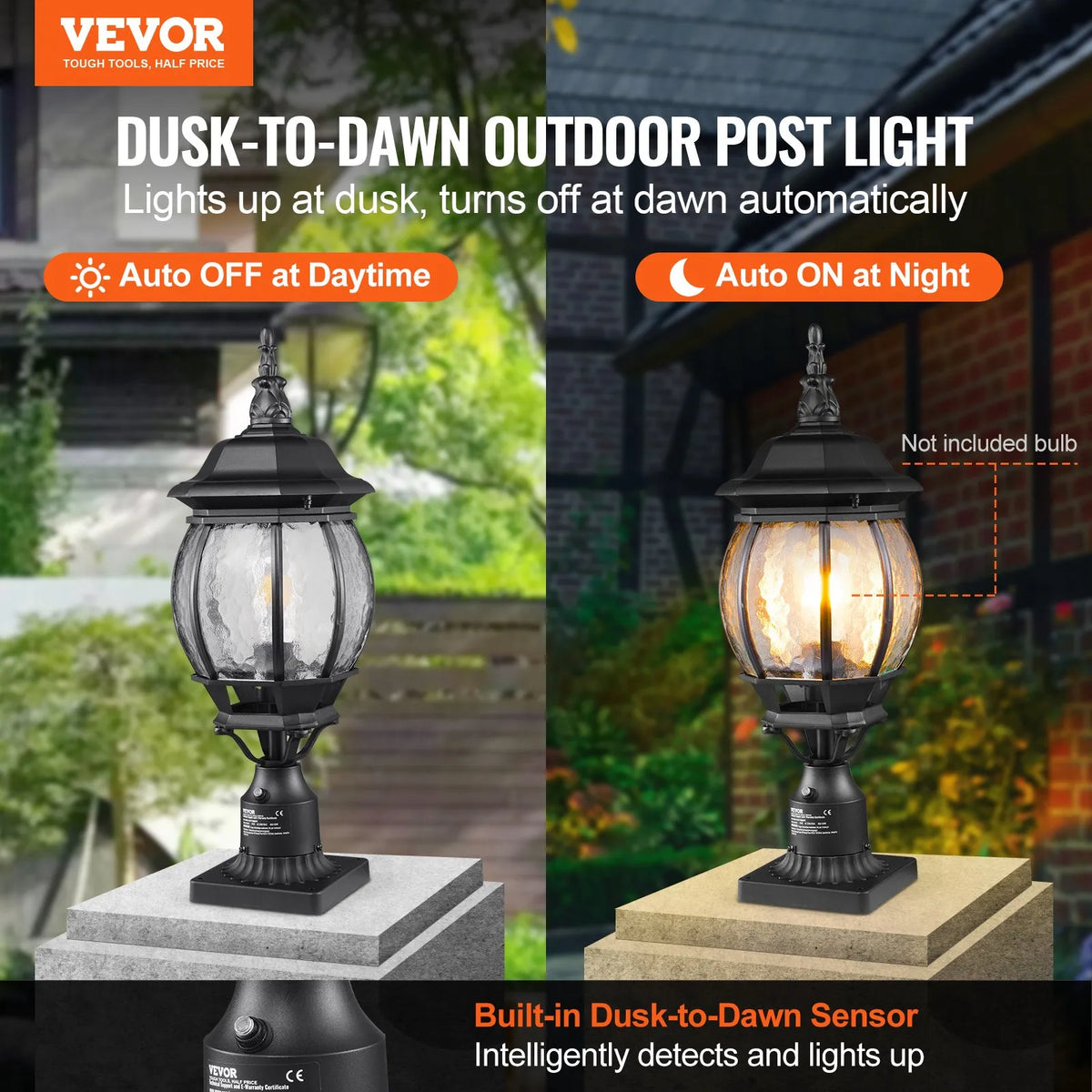 2 x Outdoor Lamps with Pole and Pedestal Mount, Automatic Light Control from Dusk to Dawn, 530 mm