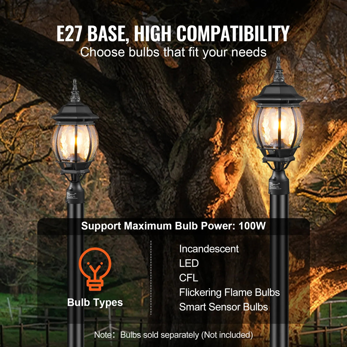 2 x Outdoor Lamps with Pole and Pedestal Mount, Automatic Light Control from Dusk to Dawn, 530 mm