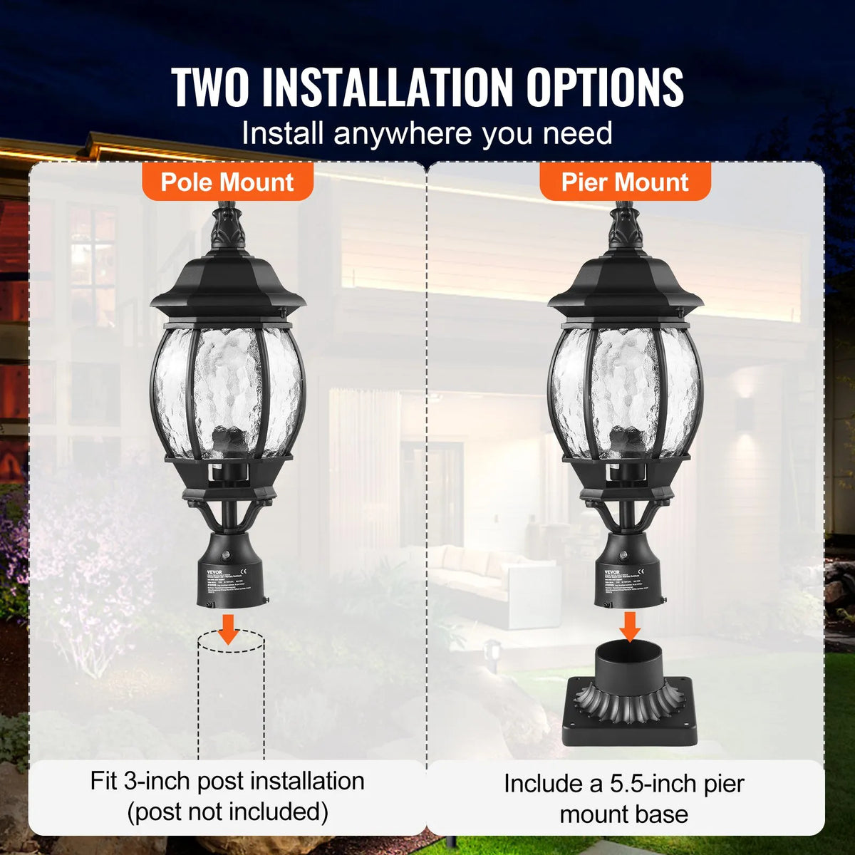 2 x Outdoor Lamps with Pole and Pedestal Mount, Automatic Light Control from Dusk to Dawn, 530 mm