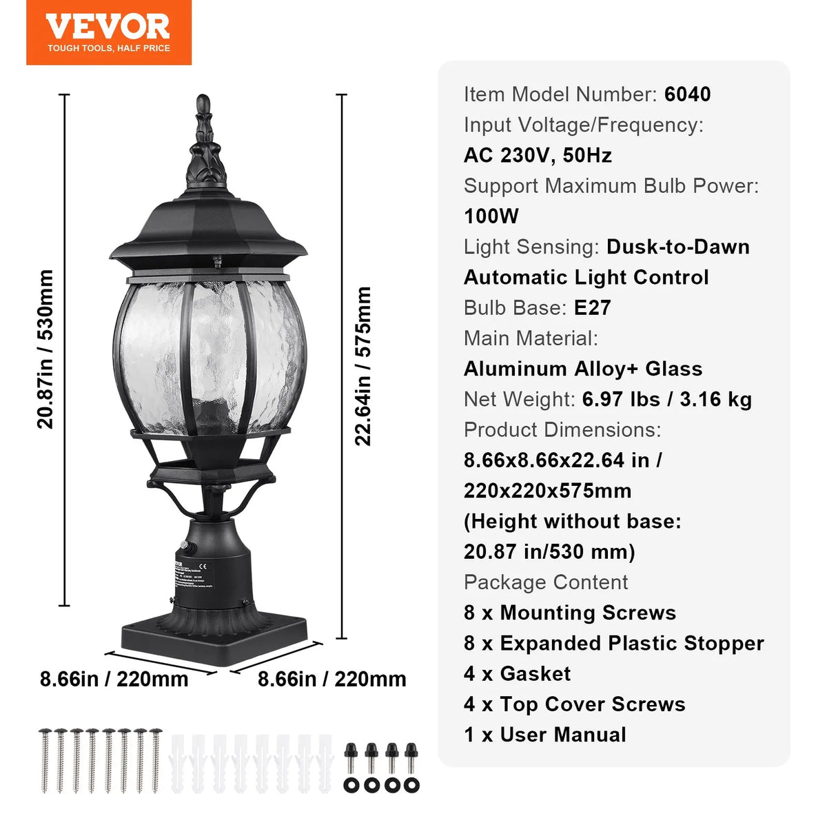 2 x Outdoor Lamps with Pole and Pedestal Mount, Automatic Light Control from Dusk to Dawn, 530 mm