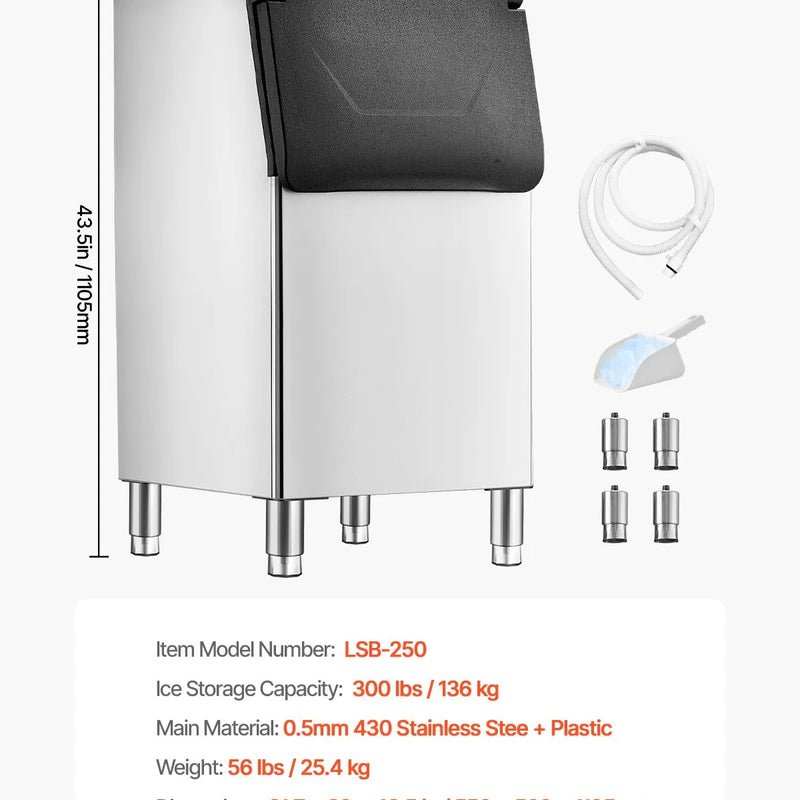 Komerciālais ledus uzglabāšanas konteiners, 136 kg ietilpība, ar regulējamām neslīdošām gumijas kājām, piemērots restorāniem, viesnīcām un dzērienu tirdzniecības vietām
