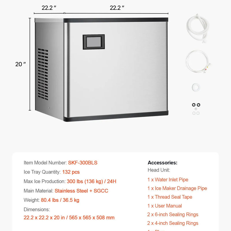 VEVOR komerciālais ledus ģenerators (galva) 136,1 kg/24 h ar pašattīrīšanās funkciju