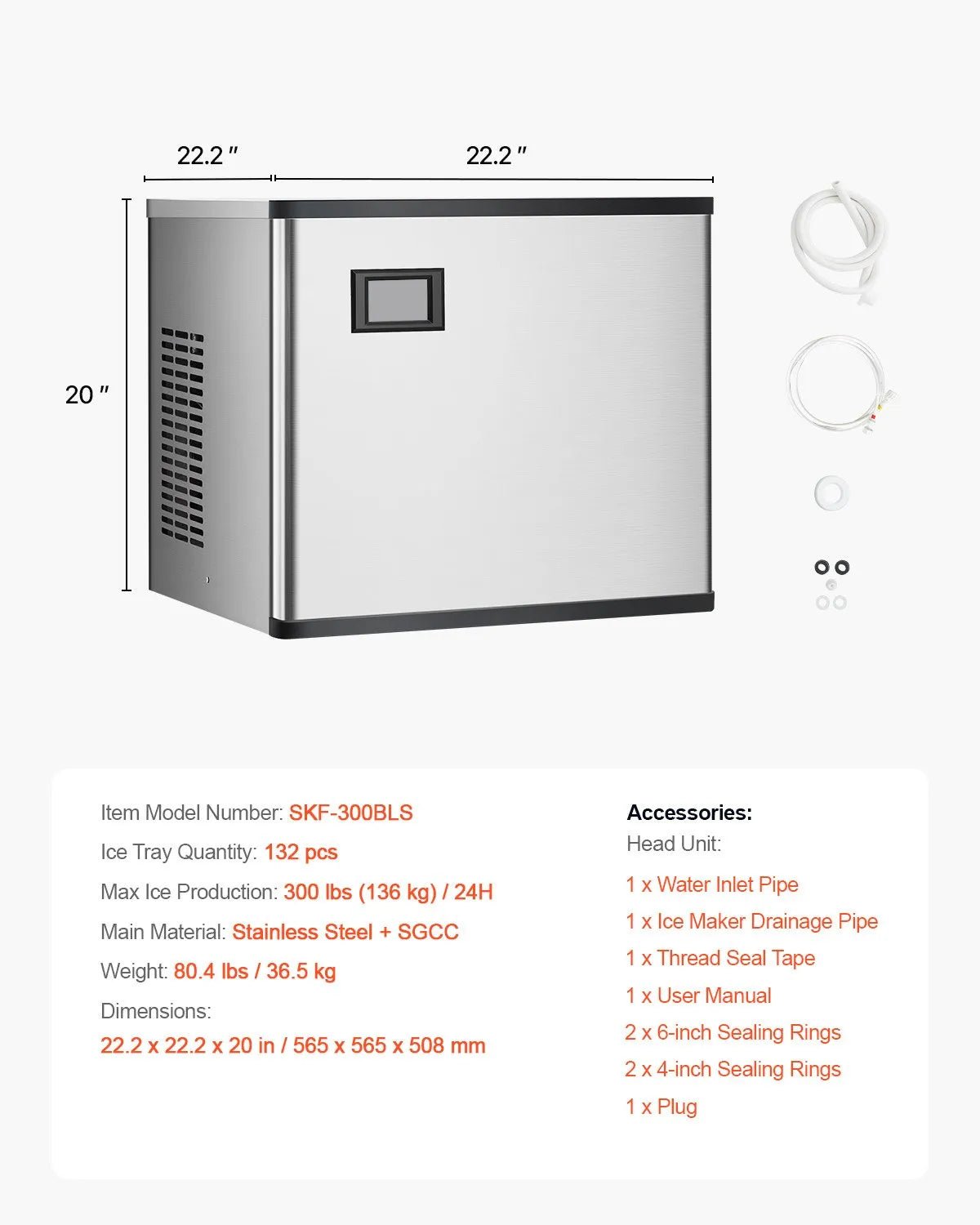 VEVOR komerciālais ledus ģenerators (galva) 136,1 kg/24 h ar pašattīrīšanās funkciju - ZEMLETES.LV