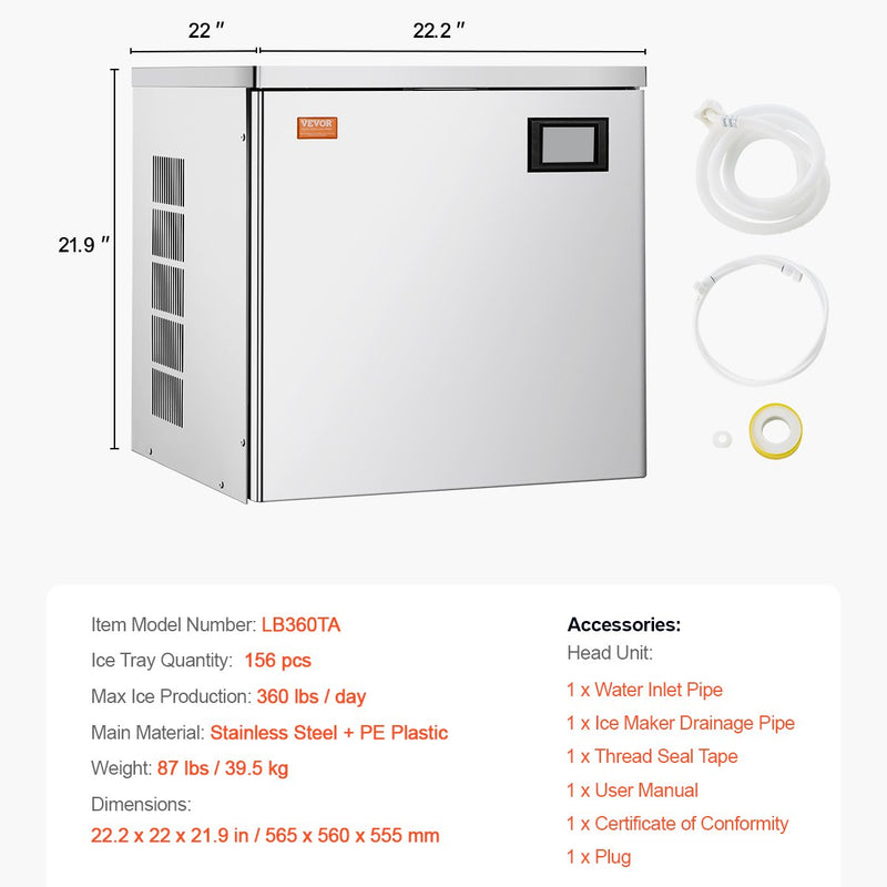 VEVOR komerciālais ledus pagatavotājs 360 lbs/dienā pašattīrīšanās ledus mašīna