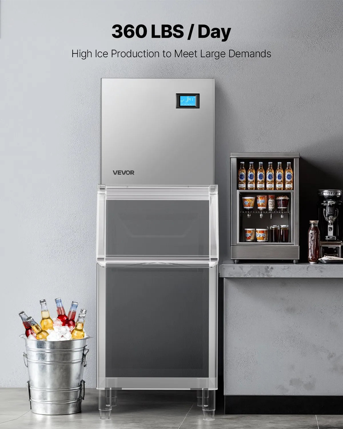 VEVOR komerciālā ledus ģeneratora galva 163 kg/24 h, nerūsējošā tērauda ledus iekārta ar pašattīrīšanās funkciju, 156 ledus formām un regulējamu ledus biezumu, piemērota restorāniem, bāriem, kafejnīcām un viesnīcām - ZEMLETES.LV