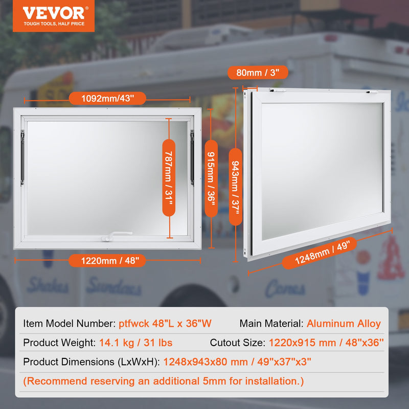 VEVOR 122 cm (G) × 91 cm (P) kioska apkalpošanas logs ēdināšanas treileriem ar nojumi