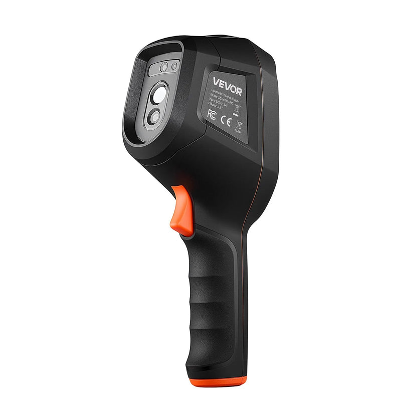 VEVOR profesionāla termokamera ar uzlabotu 512 × 384 TISR superizšķirtspēju, 3,45" LCD infrasarkano displeju, 2 MP vizuālo kameru, 25 Hz atsvaidzes intensitāti, temperatūras diapazonu −20 °C līdz 550 °C, 4 attēlu režīmiem un 7 krāsu paletēm