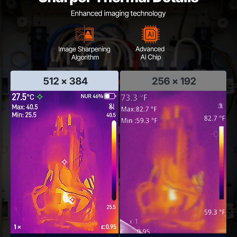 VEVOR profesionāla termokamera ar uzlabotu 512 × 384 TISR superizšķirtspēju, 3,45" LCD infrasarkano displeju, 2 MP vizuālo kameru, 25 Hz atsvaidzes intensitāti, temperatūras diapazonu −20 °C līdz 550 °C, 4 attēlu režīmiem un 7 krāsu paletēm