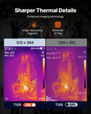 VEVOR profesionāla termokamera ar uzlabotu 512 × 384 TISR superizšķirtspēju, 3,45" LCD infrasarkano displeju, 2 MP vizuālo kameru, 25 Hz atsvaidzes intensitāti, temperatūras diapazonu −20 °C līdz 550 °C, 4 attēlu režīmiem un 7 krāsu paletēm